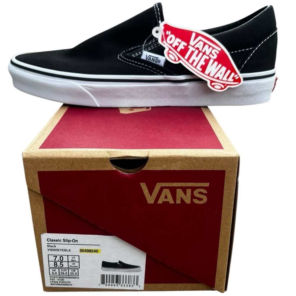 Vans Black Slip-On Shoes with White Trim NWT! 8.5 Woman, 7 Men